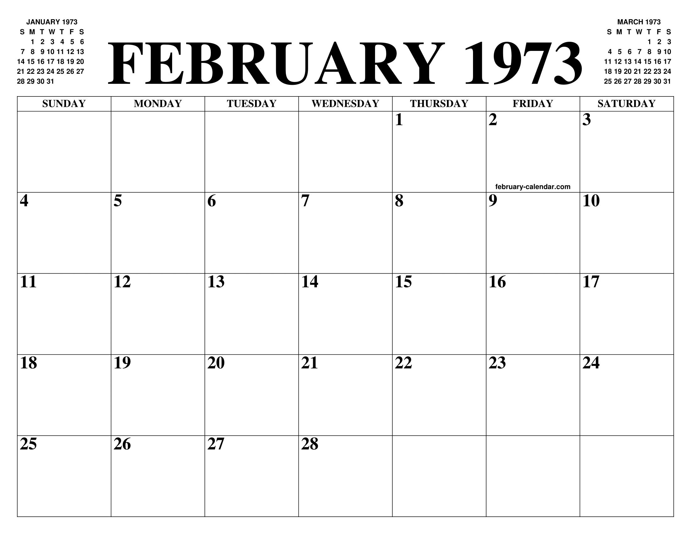 FEBRUARY 1973 CALENDAR OF THE MONTH: FREE PRINTABLE FEBRUARY CALENDAR OF  THE YEAR - AGENDA