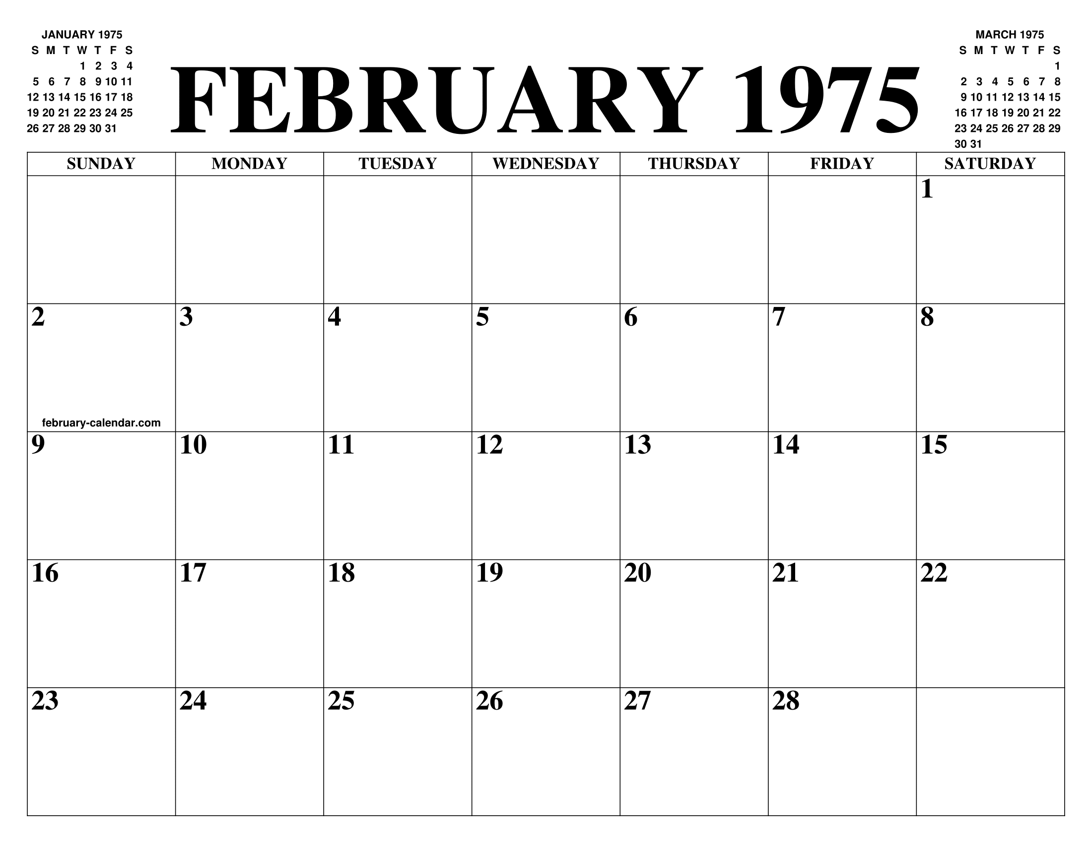 FEBRUARY 1975 CALENDAR OF THE MONTH FREE PRINTABLE FEBRUARY CALENDAR