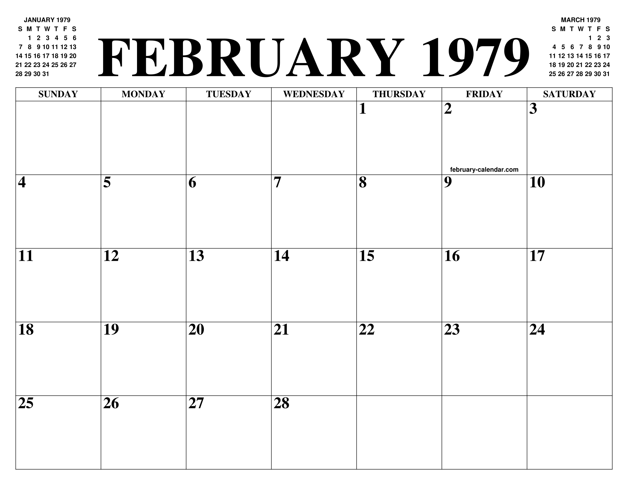 FEBRUARY 1979 CALENDAR OF THE MONTH FREE PRINTABLE FEBRUARY CALENDAR
