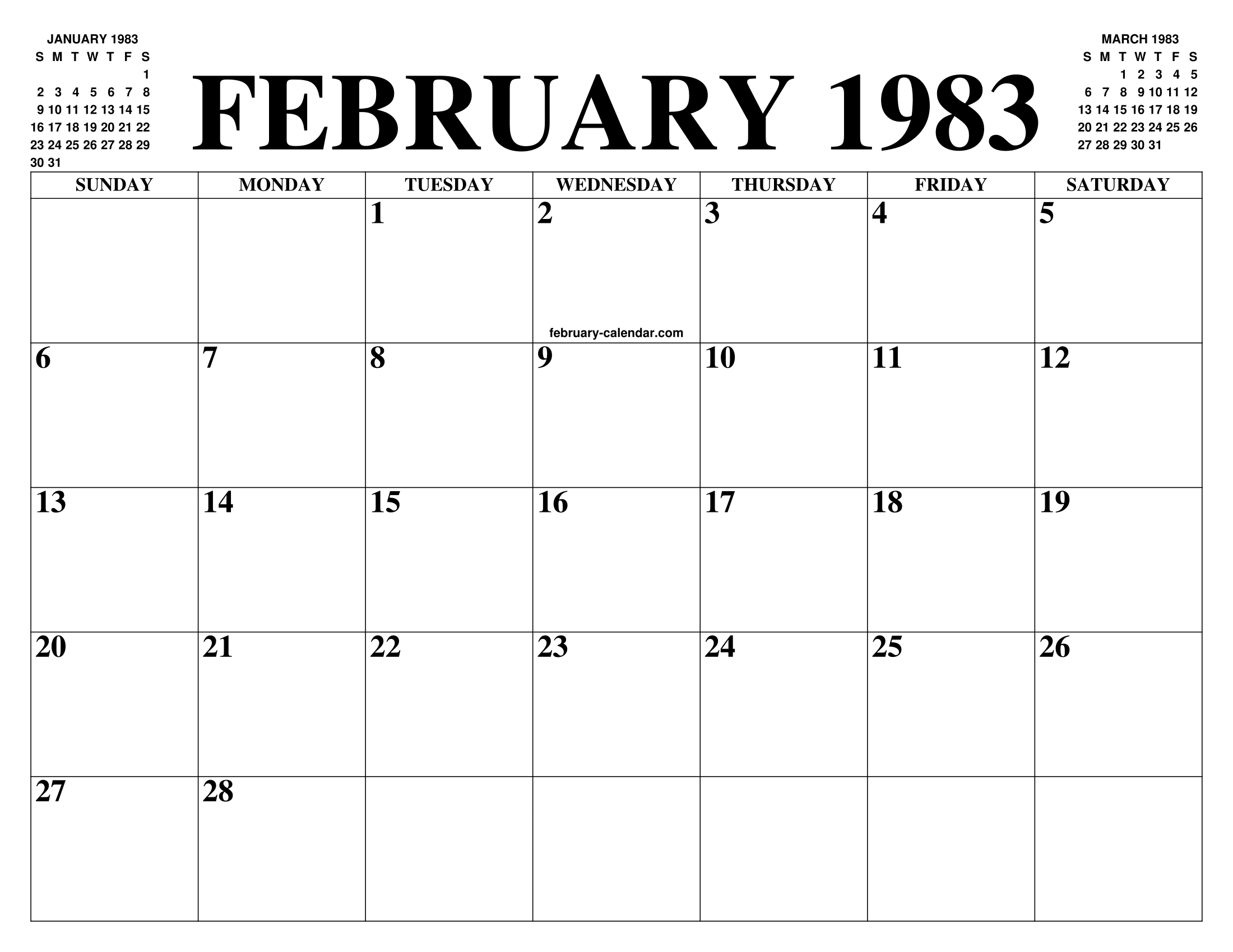 FEBRUARY 1983 CALENDAR OF THE MONTH: FREE PRINTABLE FEBRUARY CALENDAR OF  THE YEAR - AGENDA
