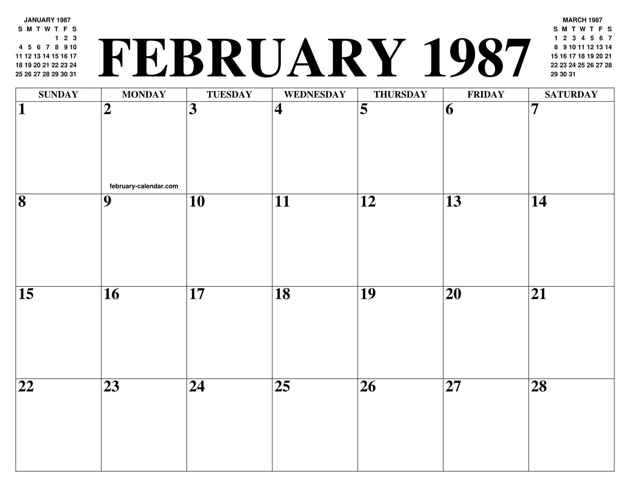 FEBRUARY 1987 CALENDAR OF THE MONTH: FREE PRINTABLE FEBRUARY CALENDAR FEBRUARY 1987 CALENDAR OF THE MONTH: FREE PRINTABLE FEBRUARY CALENDAR