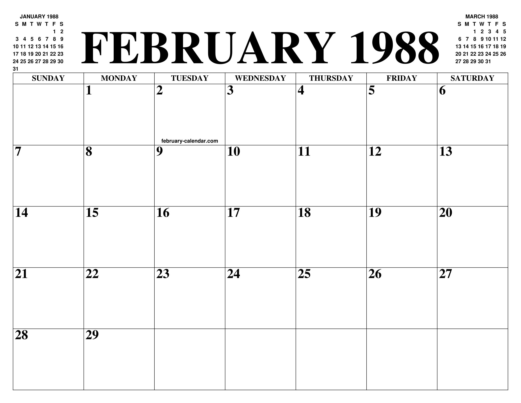 FEBRUARY 1988 CALENDAR OF THE MONTH FREE PRINTABLE FEBRUARY CALENDAR