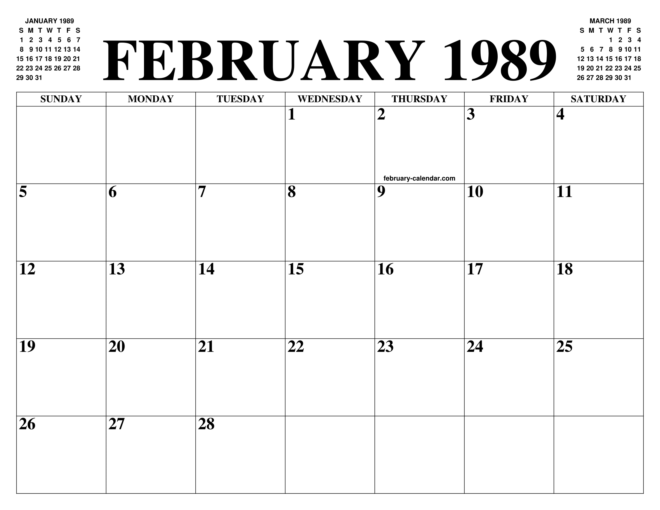 FEBRUARY 1989 CALENDAR OF THE MONTH: FREE PRINTABLE FEBRUARY 