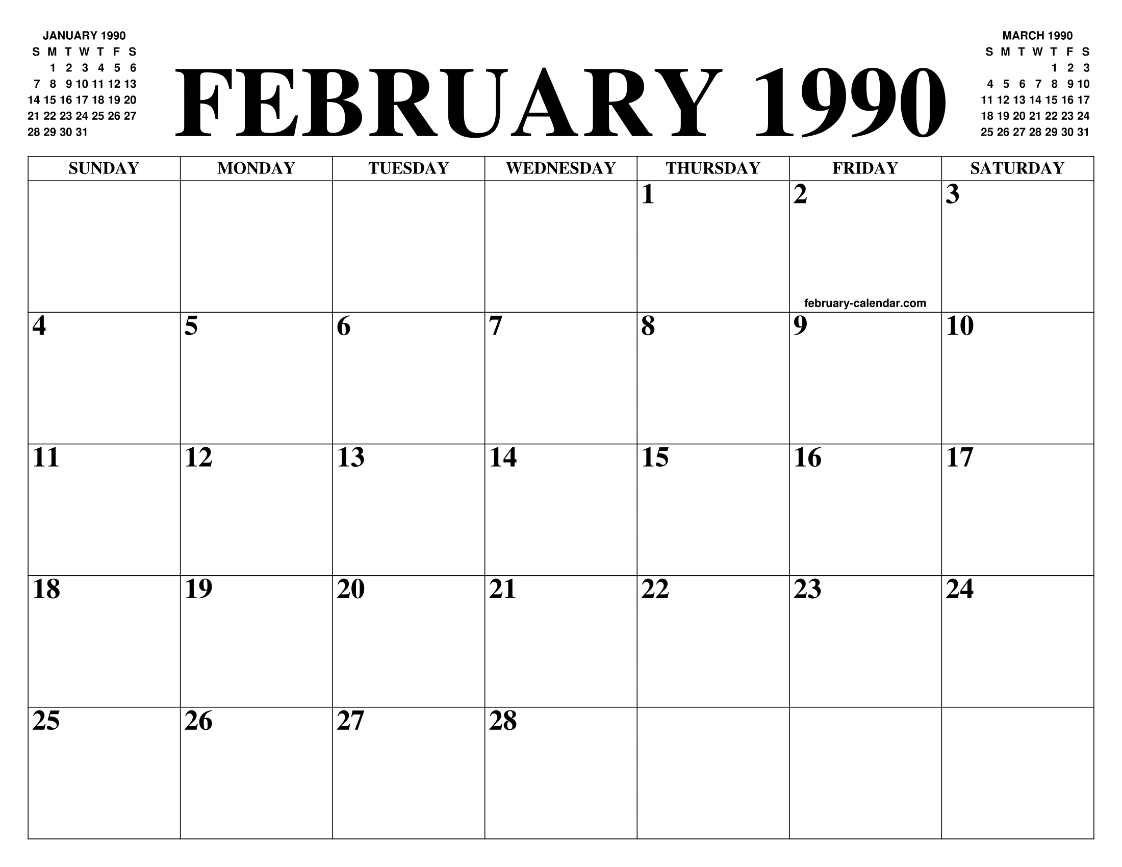 FEBRUARY 1990 CALENDAR OF THE MONTH FREE PRINTABLE FEBRUARY CALENDAR
