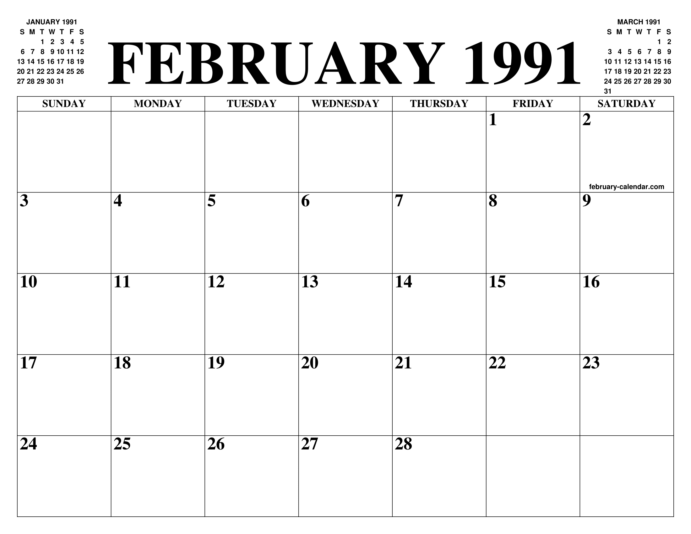 FEBRUARY 1991 CALENDAR OF THE MONTH: FREE PRINTABLE FEBRUARY CALENDAR OF THE YEAR - AGENDA