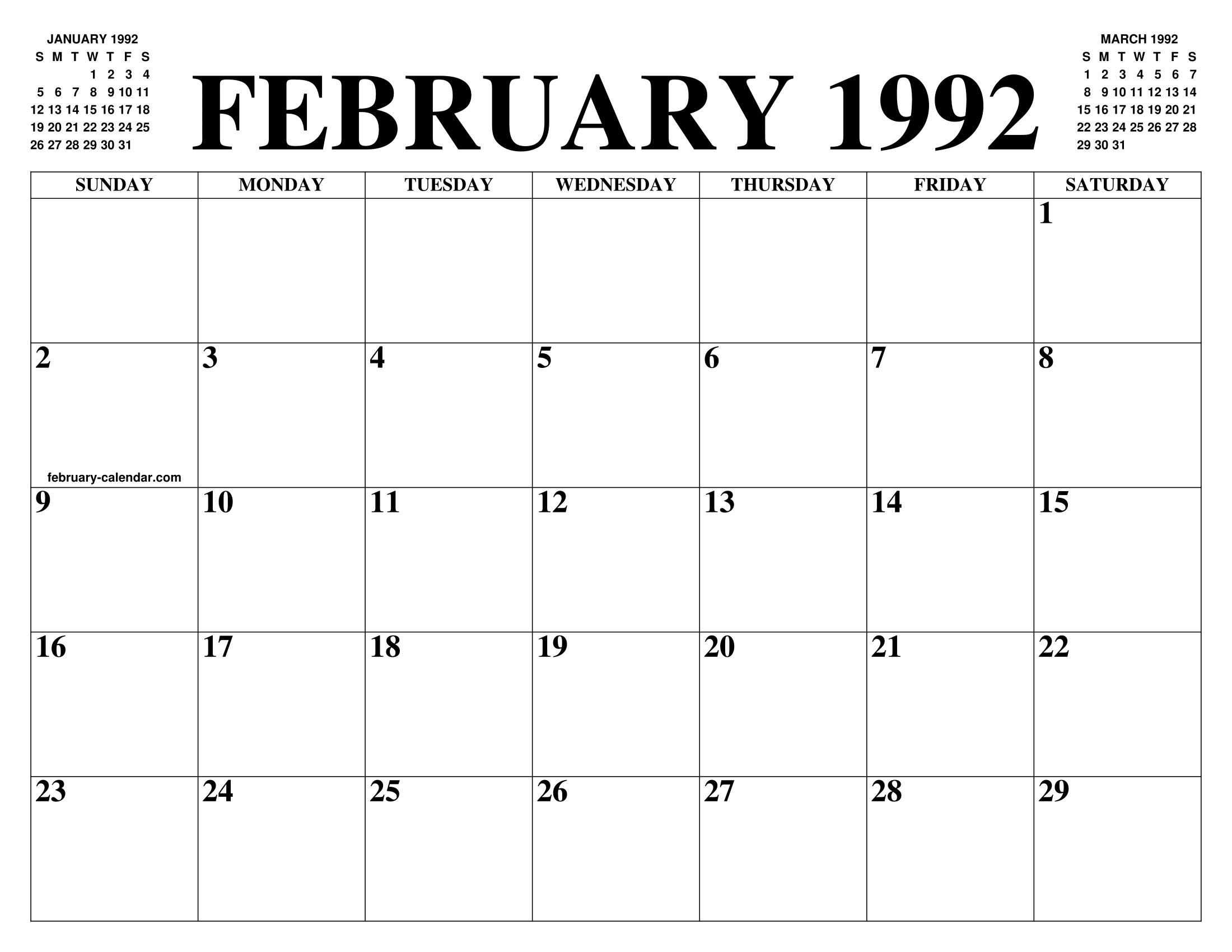 FEBRUARY 1992 CALENDAR OF THE MONTH: FREE PRINTABLE FEBRUARY CALENDAR
