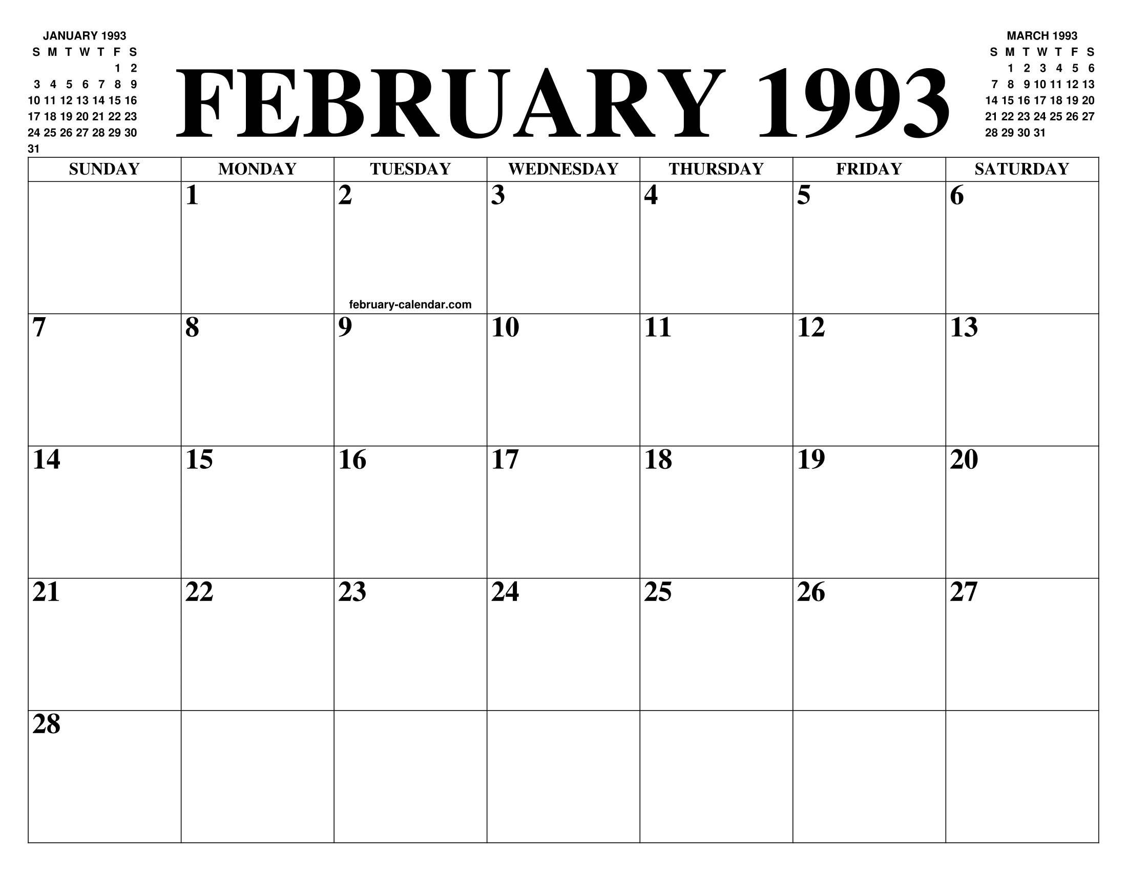 FEBRUARY 1993 CALENDAR OF THE MONTH: FREE PRINTABLE FEBRUARY CALENDAR OF THE YEAR - AGENDA