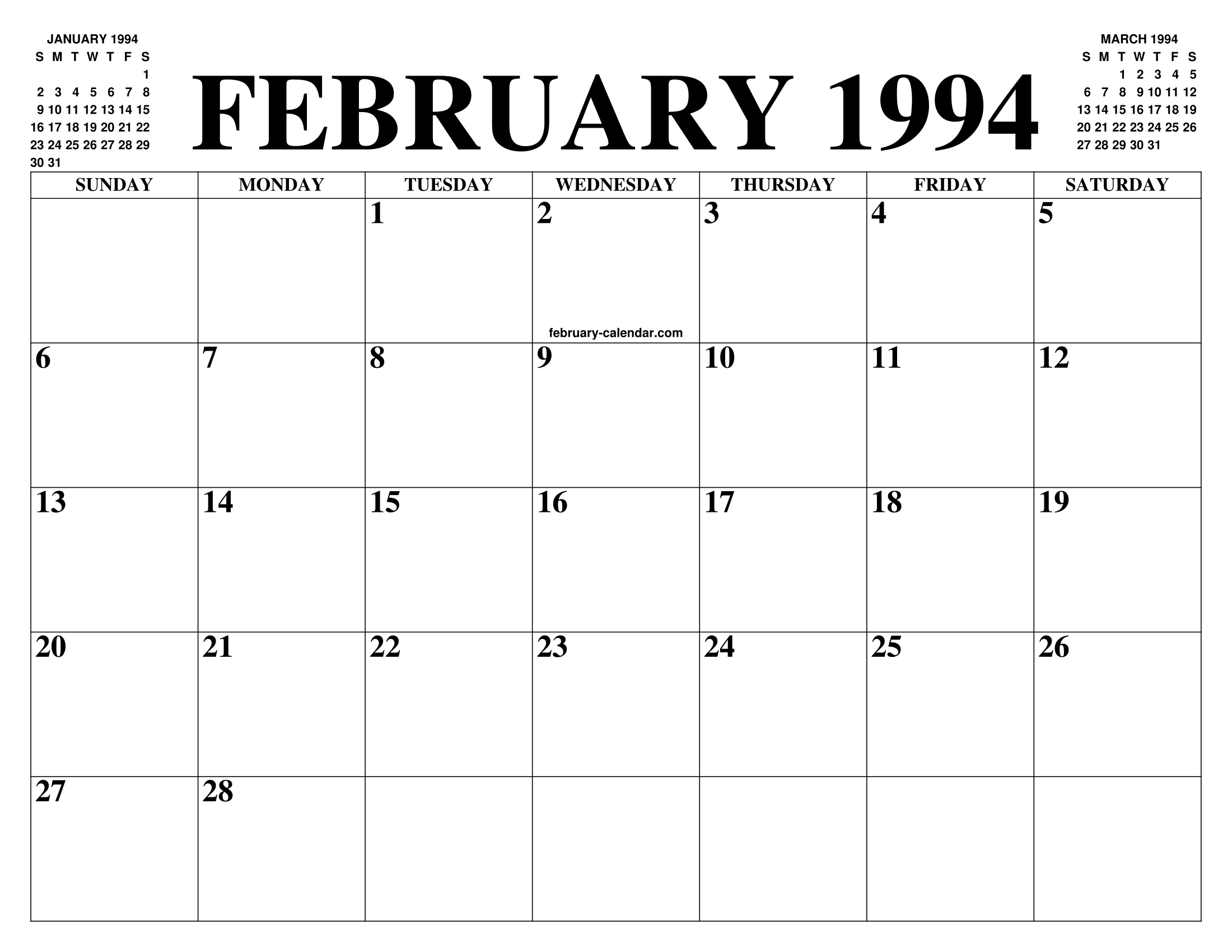 FEBRUARY 1994 CALENDAR OF THE MONTH: FREE PRINTABLE FEBRUARY CALENDAR OF THE YEAR - AGENDA