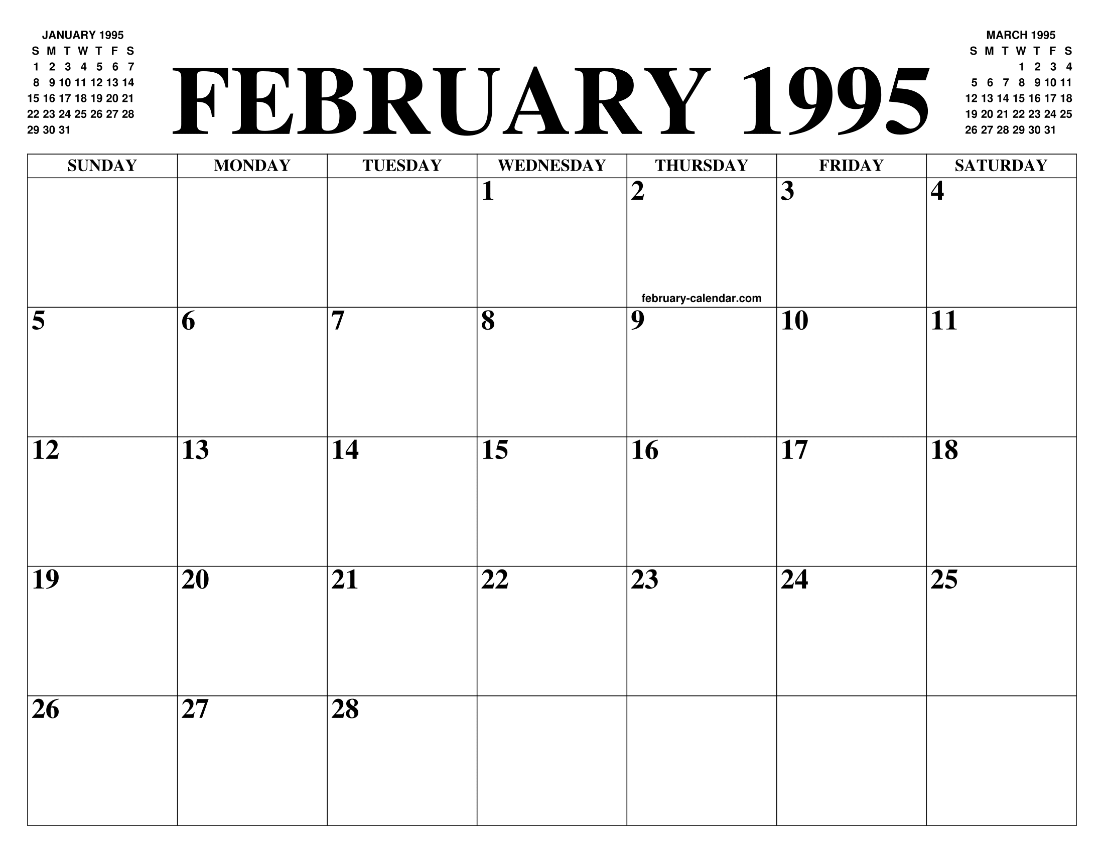 FEBRUARY 1995 CALENDAR OF THE MONTH: FREE PRINTABLE FEBRUARY CALENDAR FEBRUARY 1995 CALENDAR OF THE MONTH: FREE PRINTABLE FEBRUARY CALENDAR