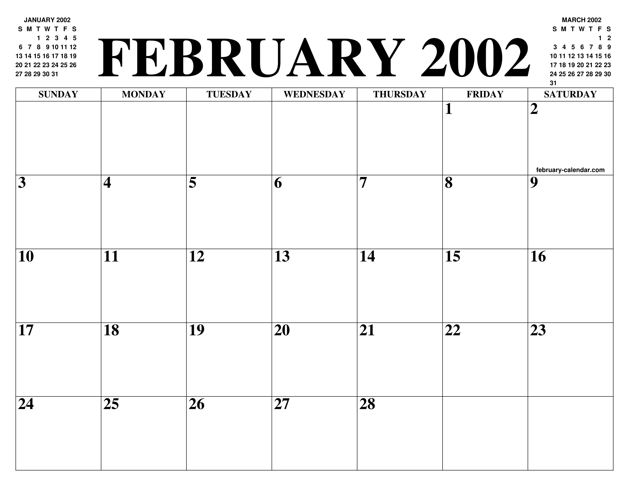FEBRUARY 2002 CALENDAR OF THE MONTH: FREE PRINTABLE FEBRUARY CALENDAR OF THE YEAR - AGENDA
