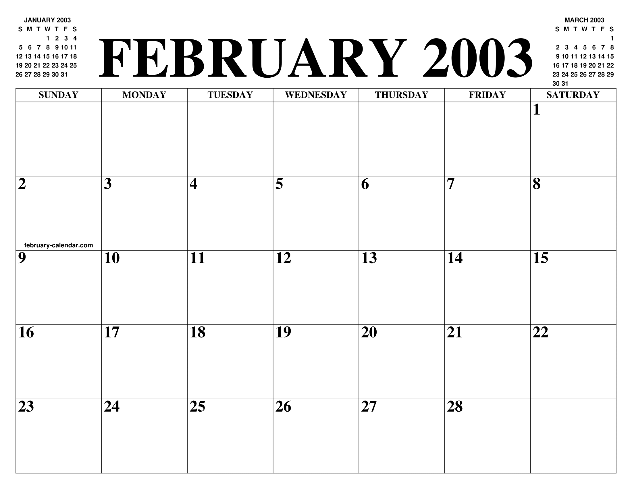 FEBRUARY 2003 CALENDAR OF THE MONTH: FREE PRINTABLE FEBRUARY CALENDAR OF THE YEAR - AGENDA