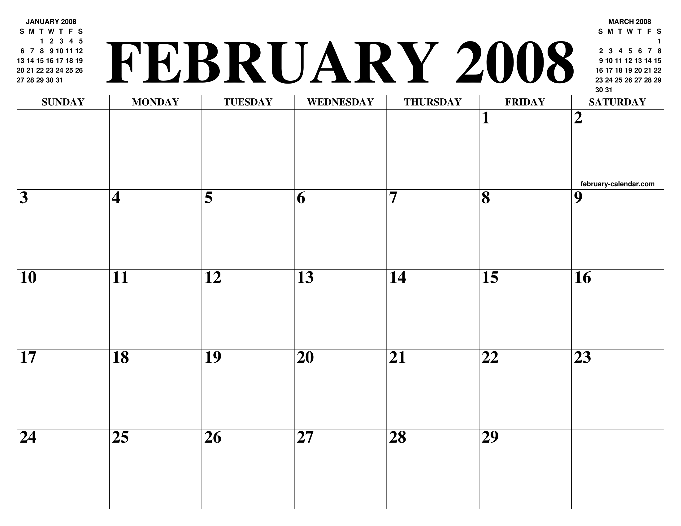 FEBRUARY 2008 CALENDAR OF THE MONTH: FREE PRINTABLE FEBRUARY CALENDAR OF THE YEAR - AGENDA