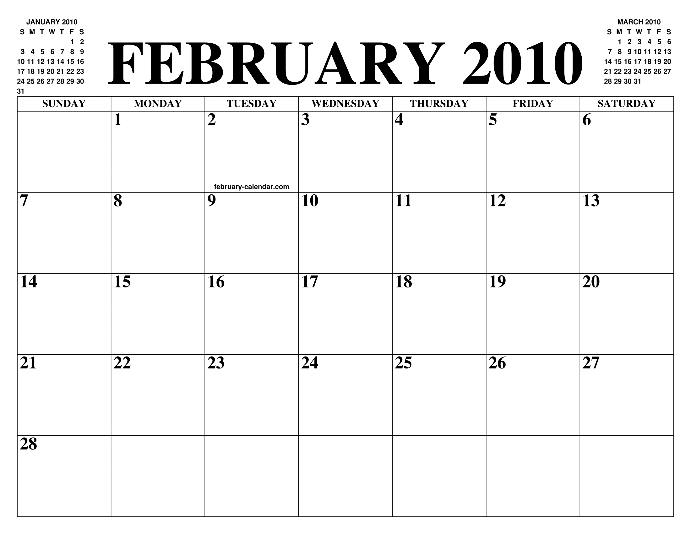 FEBRUARY 2010 CALENDAR OF THE MONTH: FREE PRINTABLE FEBRUARY CALENDAR OF  THE YEAR - AGENDA