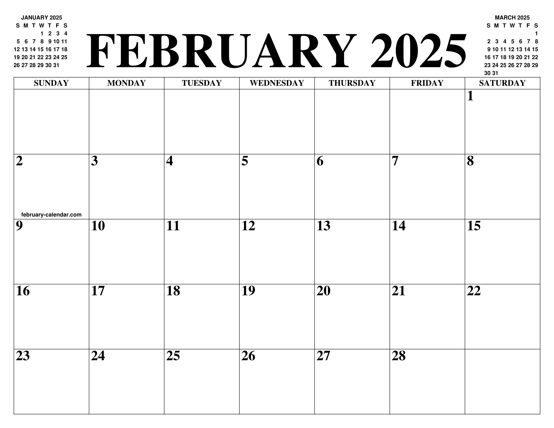 Small February 2025 Calendar