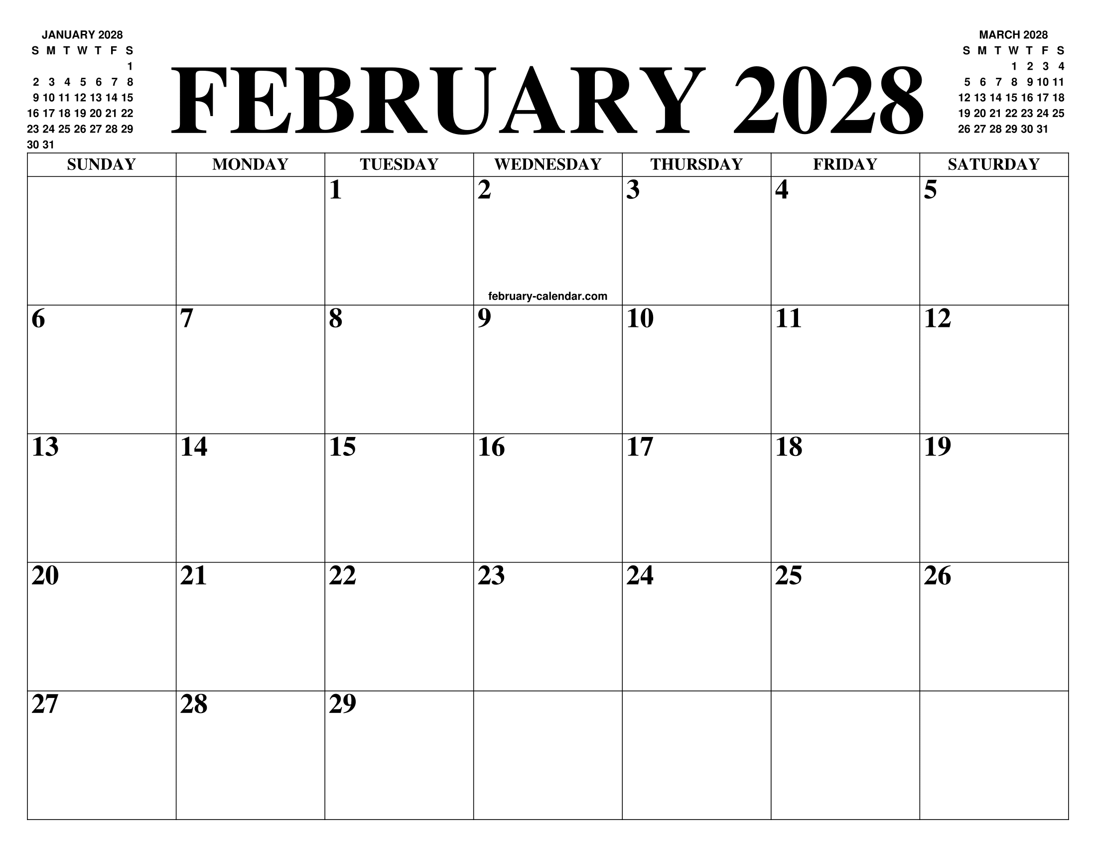 FEBRUARY 2028 CALENDAR OF THE MONTH: FREE PRINTABLE FEBRUARY CALENDAR