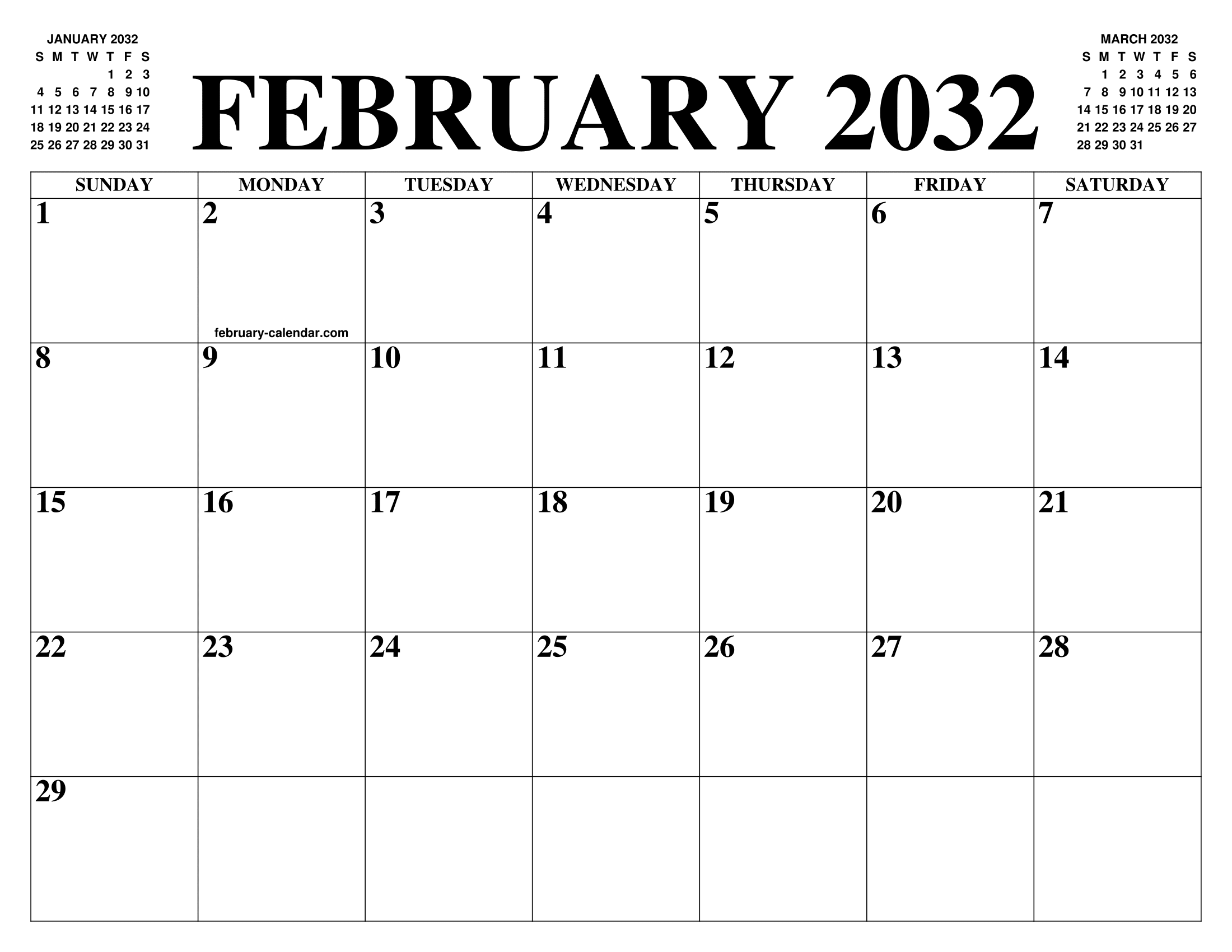 FEBRUARY 2032 CALENDAR OF THE MONTH: FREE PRINTABLE FEBRUARY CALENDAR