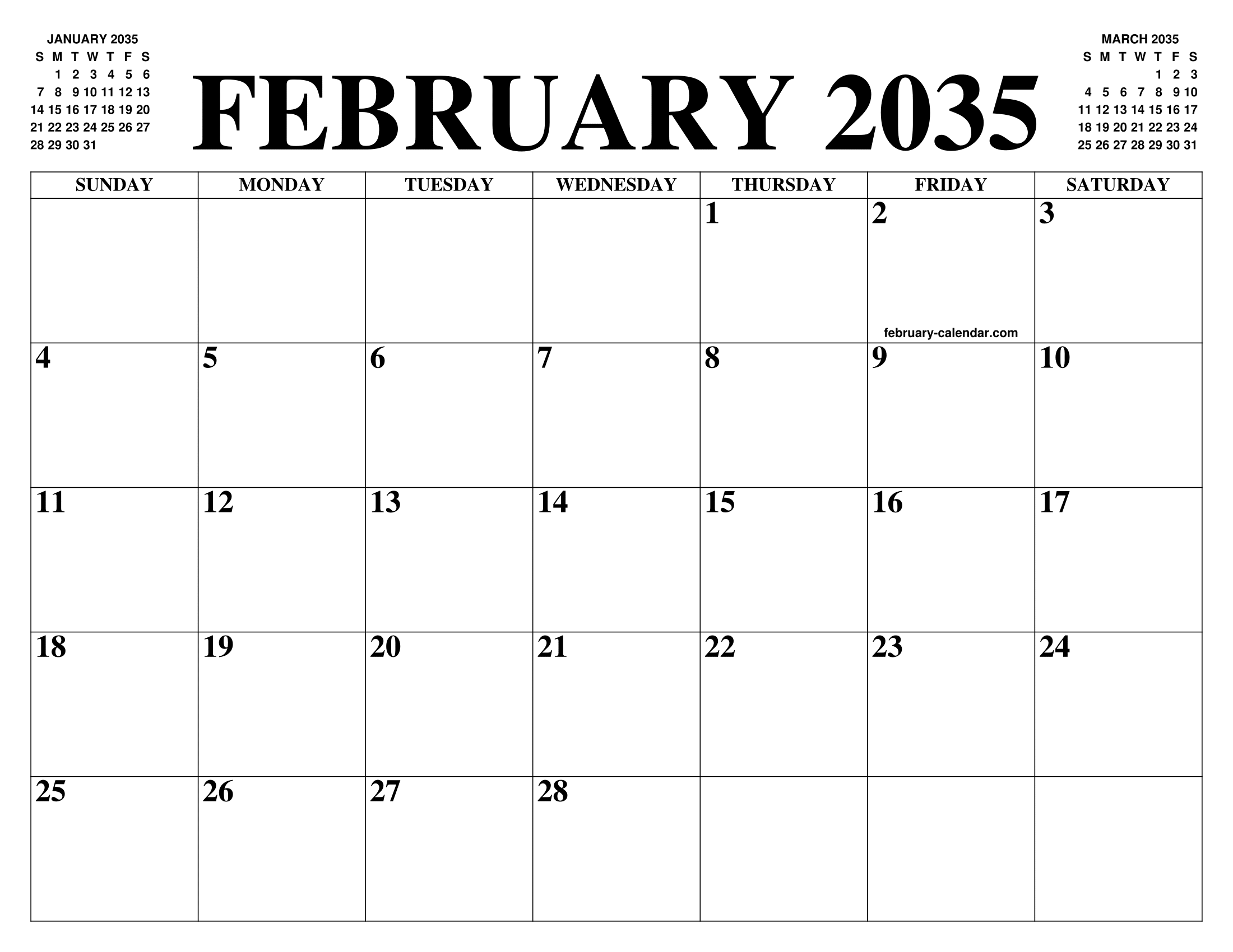 FEBRUARY 2035 CALENDAR OF THE MONTH: FREE PRINTABLE FEBRUARY CALENDAR ...